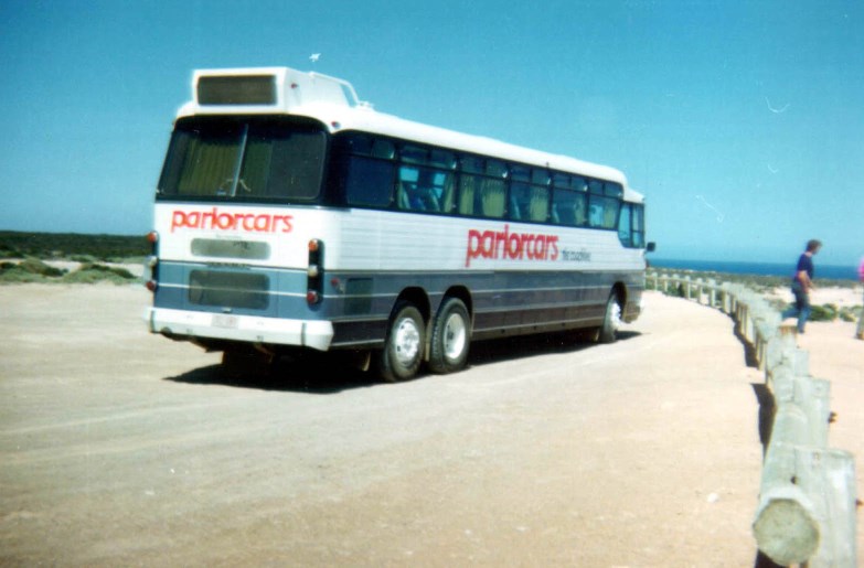 My first interstate express service in December 1985 in this Denning of Parlorcars.This coach was used for some Quest Tours out of Adelaide during 1986.Photo taken by me at the SA lookout 111kms from Border of SA/WA in December 1985 on the express service from Perth to Adelaide.