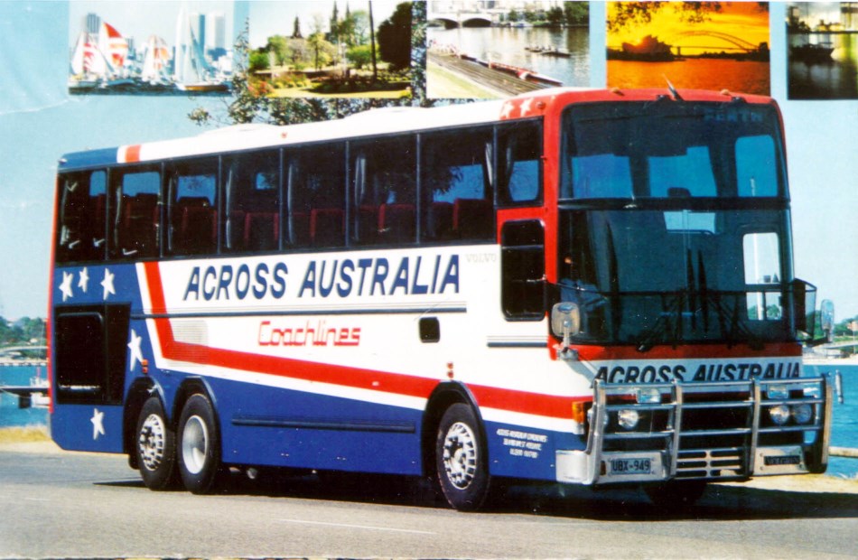 Across Australia Coachlines Poster of #54.One of 2 Volgren Twin Decks ordered in 1985 prior to the purchase of the company by Max Winkless in 1985.The 2 Volgrens started service in Perth before being replaced in 1986 by Bova Futura's.