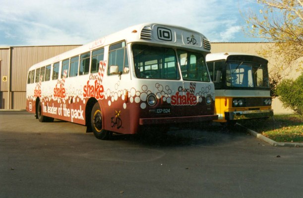Ex STA Adelaide's &quot;Choc Shake bus.This bus was sponsored by Choc Shake, radio 5AD,and Channel 10 in Adelaide for a bus service travelling on Adelaide metro beaches in summer at the time.