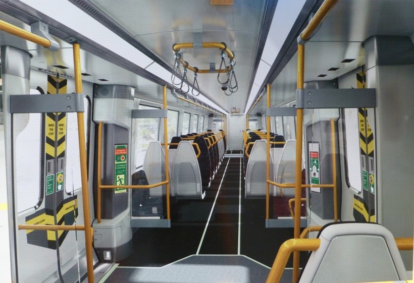 Interior of the replica NGR carriage. The trains will consist of six permanently coupled cars with passenger access between each car and accessible toilet in third or forth car. LCD passenger information displays inside the carriages and on the sides outside.