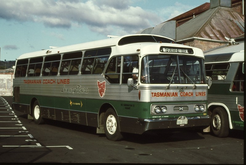 Tas Coach Lines No. D111 Denning Leyland VK41 @ Rear of Harrington St Depot, Hobart.jpg