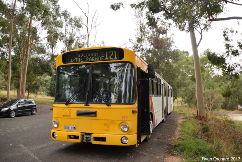 Mercedes-Benz O305G/PMCSA ex-O-Bahn #579 (ex-STA 1579, ex-Serco 579, ex-Torrens Transit 579) at Woodhouse Scout Camp, with route 121 (now H23) on it's desto.
