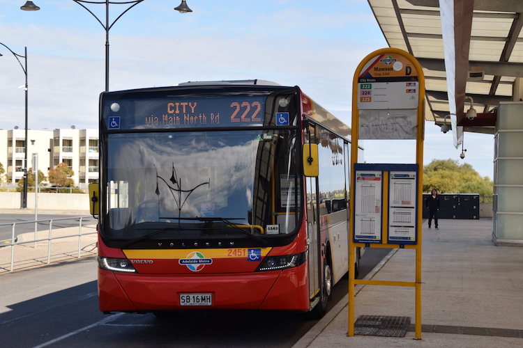Moving on from preserved buses to one of our newest - Volvo B8RLE/Volgren Optimus #2451 is about to commence a 222 trip from Mawson Lakes to Adelaide.