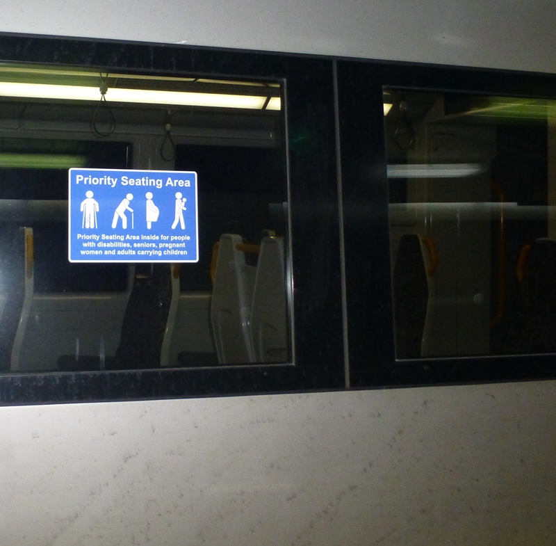 Priority seating areas are signed on the outside of the carriages.