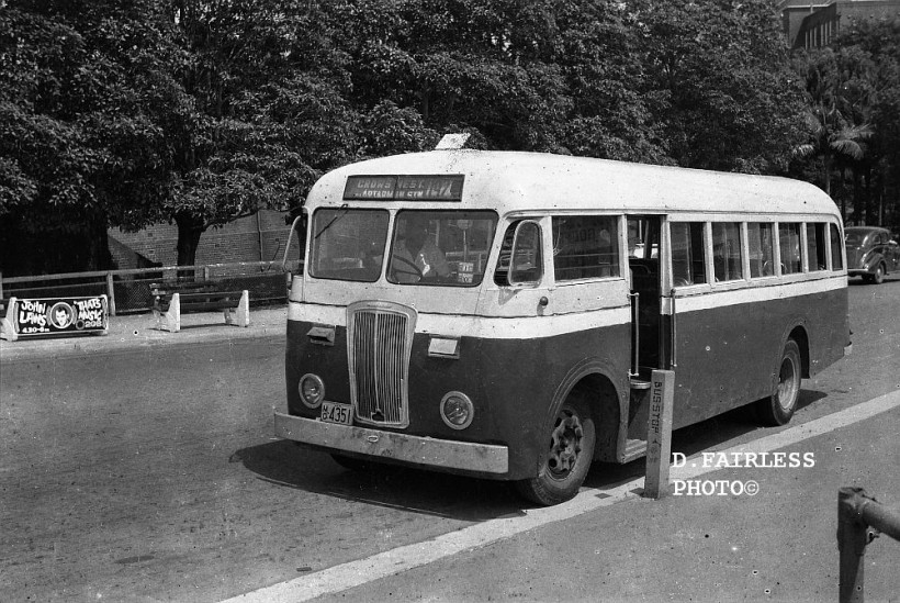 m/o 4351 a 1951 MBA bodied Morris Commercial at St. Leonards Station on 30/12/1961. It was purchased from Australian Paper Mills where it had been used for staff transport but was originally part of a fleet of these buses built for the Royal Australian Navy. Evidently John Laws was big in those days too.