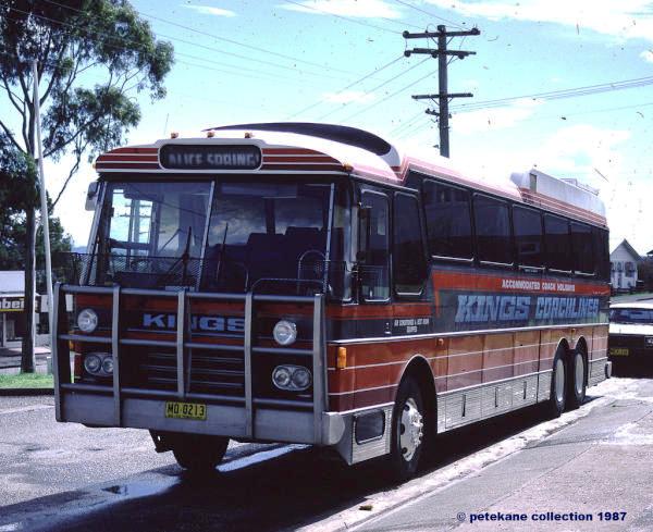 MO 0213
RFW/Ansair. New to Pioneer Tourist Industries Pty.Ltd,t/a Ansett Pioneer,Adelaide, (202) SDB 353. Sold to Kogarah Coachlines(Len Reynolds),Blakehurst,1984 and reg as TV 819. Sold to Kings Bus Service Pty.Ltd,Kempsey,by 7/85 and reg as MO 0213. Rereg TV 1221. Sold to Sydney Coachlines,Kingsgrove as TV 1221 by 8/90. Sold to Wollongong area late 2002. This one worked in Kogarah livery with Kings signage for its life with SCL.
Keywords: denairphoto ansair