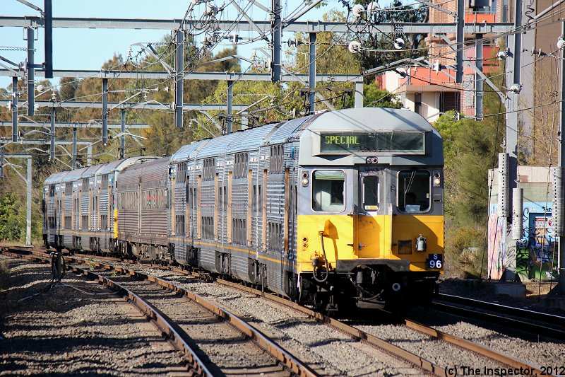 S96 and S68
Cityrail S96 and S68 had the honours of hauling 2 of the AK track recording cars as part of a trial. They are seen approaching Concord West station. 19/8/12
Keywords: inspectorphoto trains