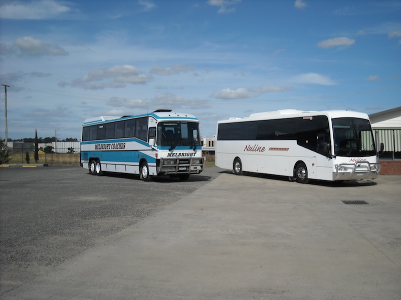 Geoff from Nuline Charter kindly brought his restored Denning Landseer out and met us in the Longwarry area on our way back to Melbourne. Still a great coach to ride in! It is pictured here at Simcocks' depot in Pakenham with the tour coach.