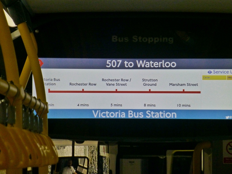 The passenger internal information display. The display alters as the bus progresses along the route, clearly showing the next stop and also has an audio announcement.