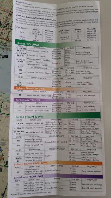 Route list to/from UWA.