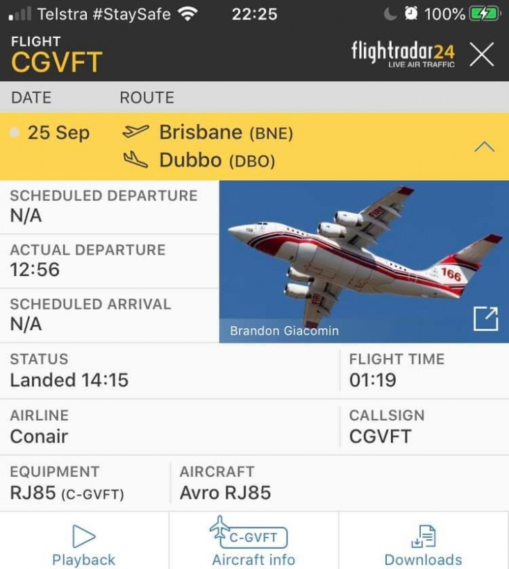 FlightRadar24 screenshot of C-GVFT after arriving at Dubbo for the 2020/21 bushfire season