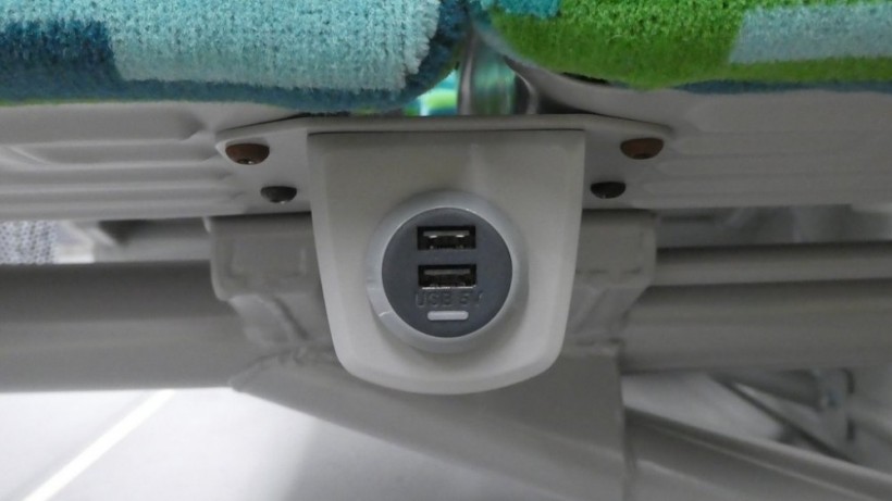The USB charging ports under each seat along the windows.